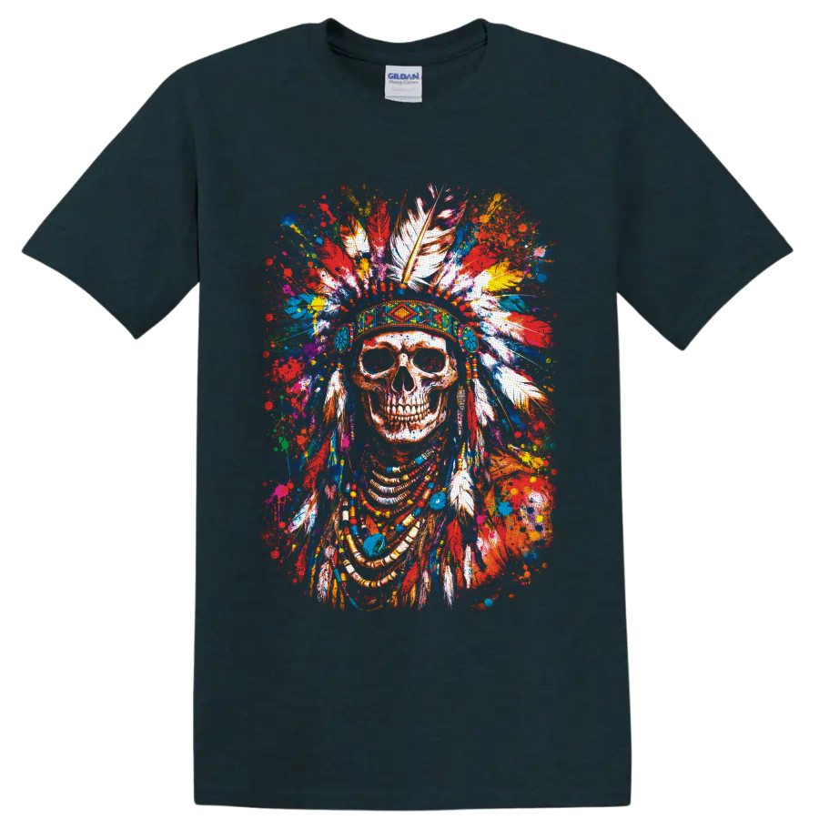 Color-splash skull portrait with patterned feather headdress, beads, and paint splatters on a Midnight (Green) T Shirt