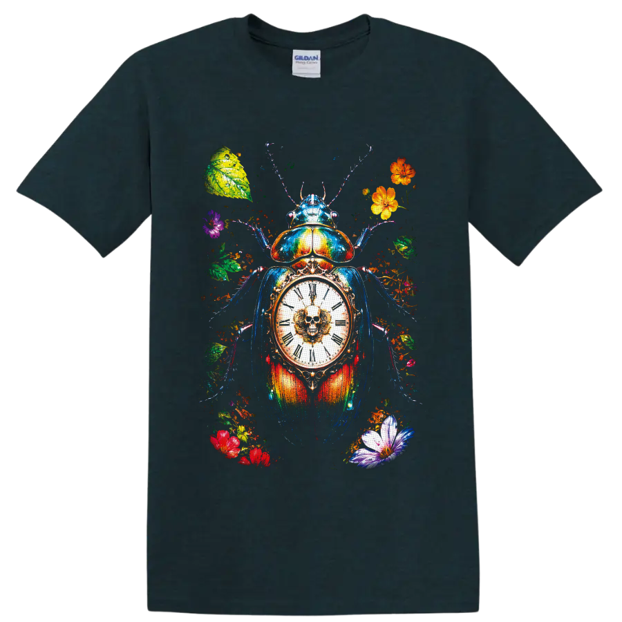 Colorful scarab beetle with skull clock, Roman numerals, flowers, and leaves on a Midnight (Green) T Shirt