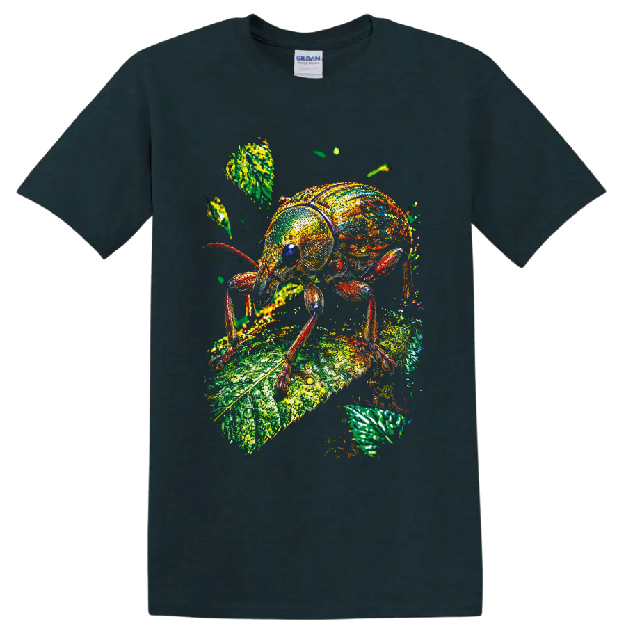 Colorful painterly weevil beetle standing on a textured green botanical leaf on a Midnight (Green) T Shirt