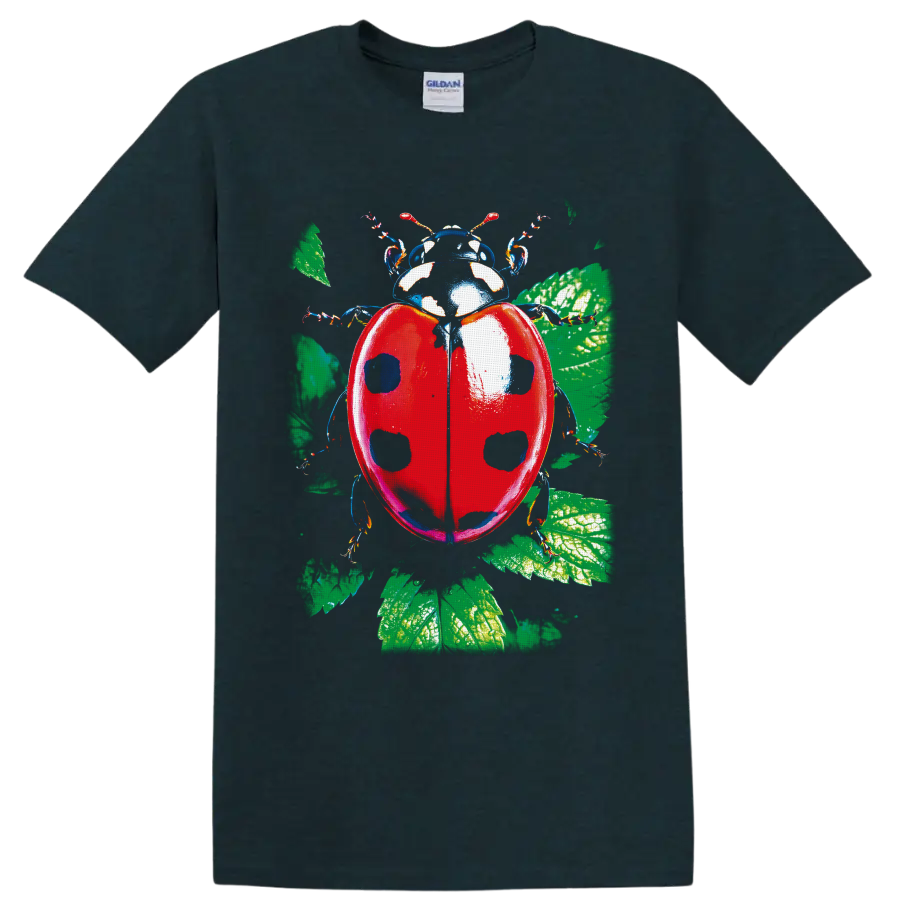 Detailed red ladybug with black spots and green botanical leaves illustration on a Midnight (Green) T Shirt