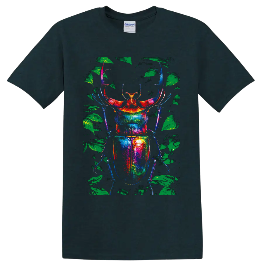 Rainbow stag beetle illustration with green forest leaves in neon-style colors on a Midnight (Green) T Shirt