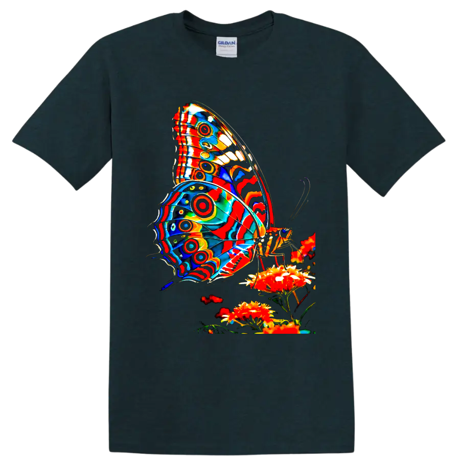 Psychedelic butterfly with vivid patterned wings perched on bright garden flowers on a Midnight (Green) T Shirt