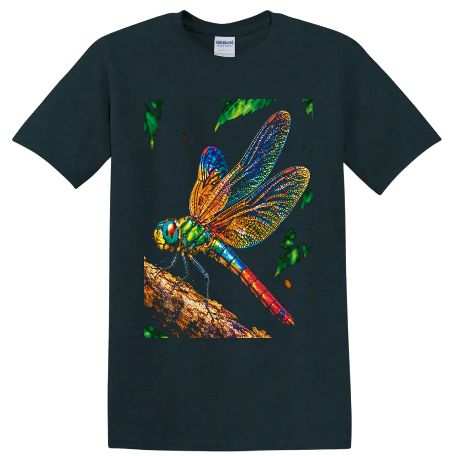Colorful stained-glass-style dragonfly perched on a textured branch with leafy foliage on a Midnight (Green) T Shirt