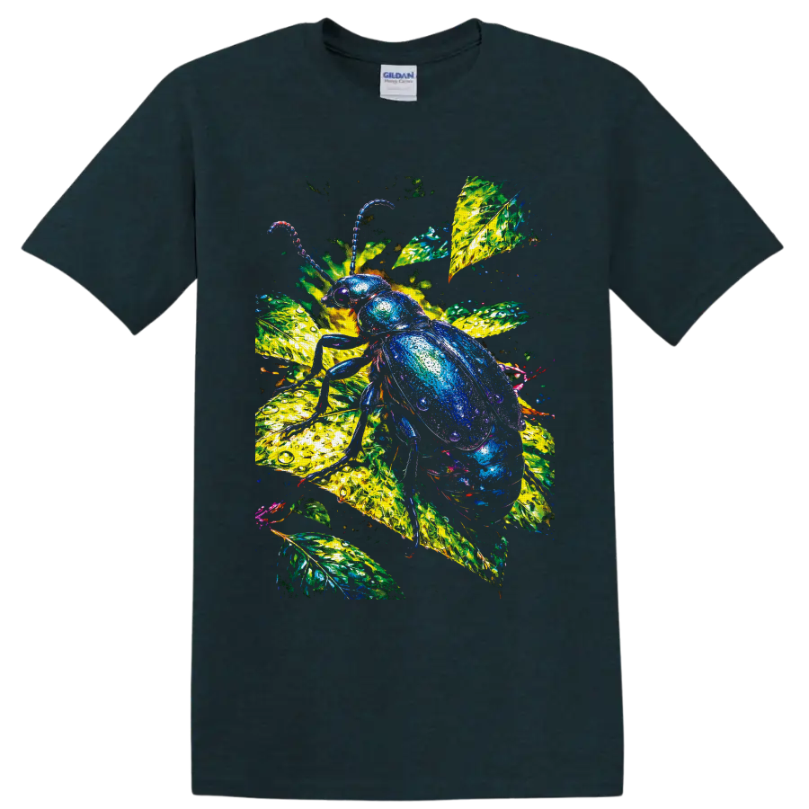 Jewel-toned beetle on luminous tropical leaves with water-droplet texture on a Midnight (Green) T Shirt
