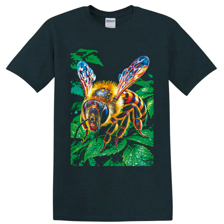 Colorful honey bee with translucent wings on glossy green garden leaves on a Midnight (Green) T Shirt