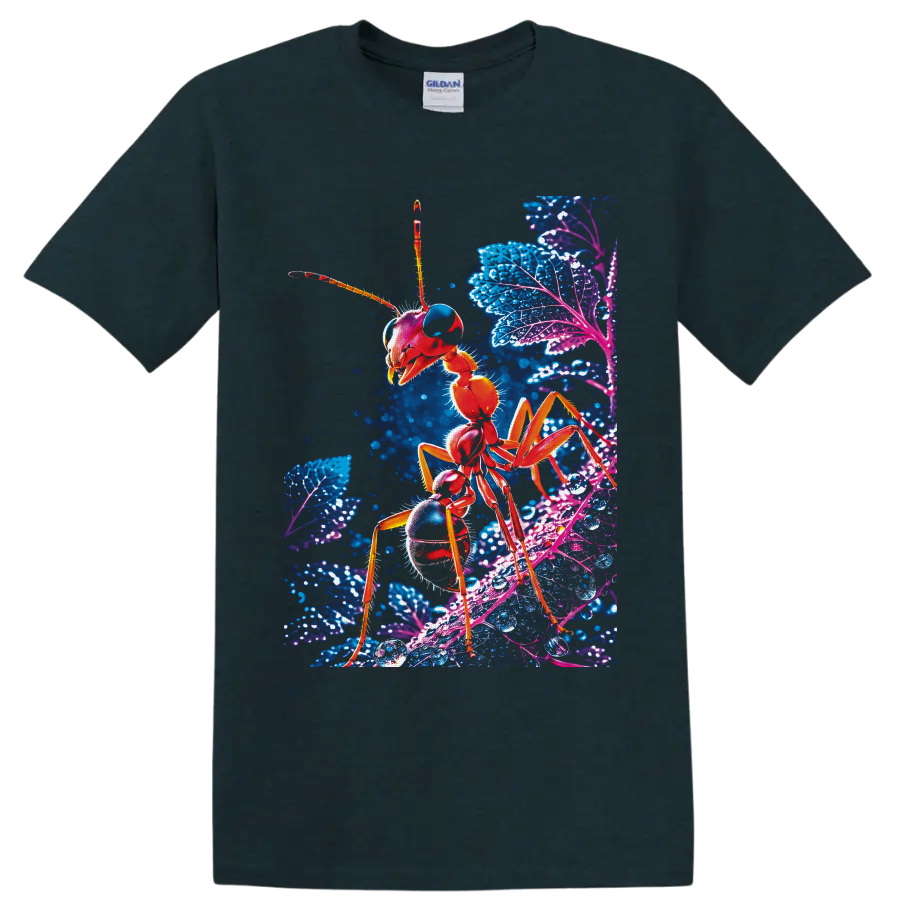 Neon red ant macro illustration on glowing blue and purple leaves with water droplets on a Midnight (Green) T Shirt