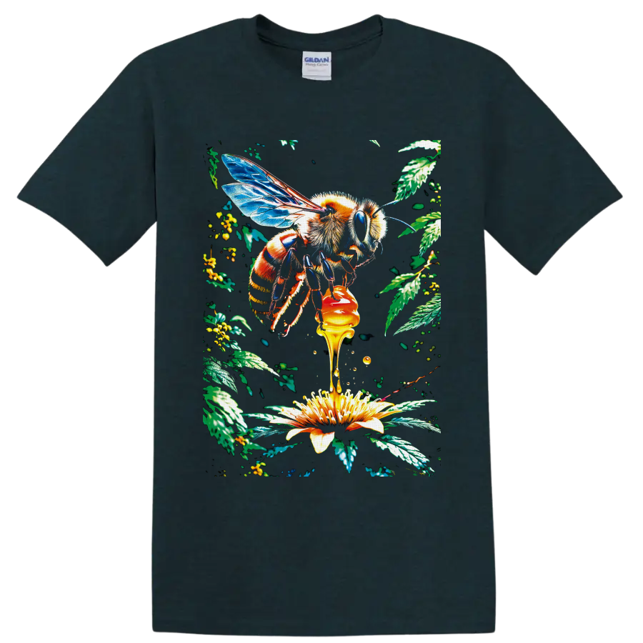 Detailed Honey Bee with blue wings, dripping honey, yellow flower, and botanical leaves on a Midnight (Green) T Shirt