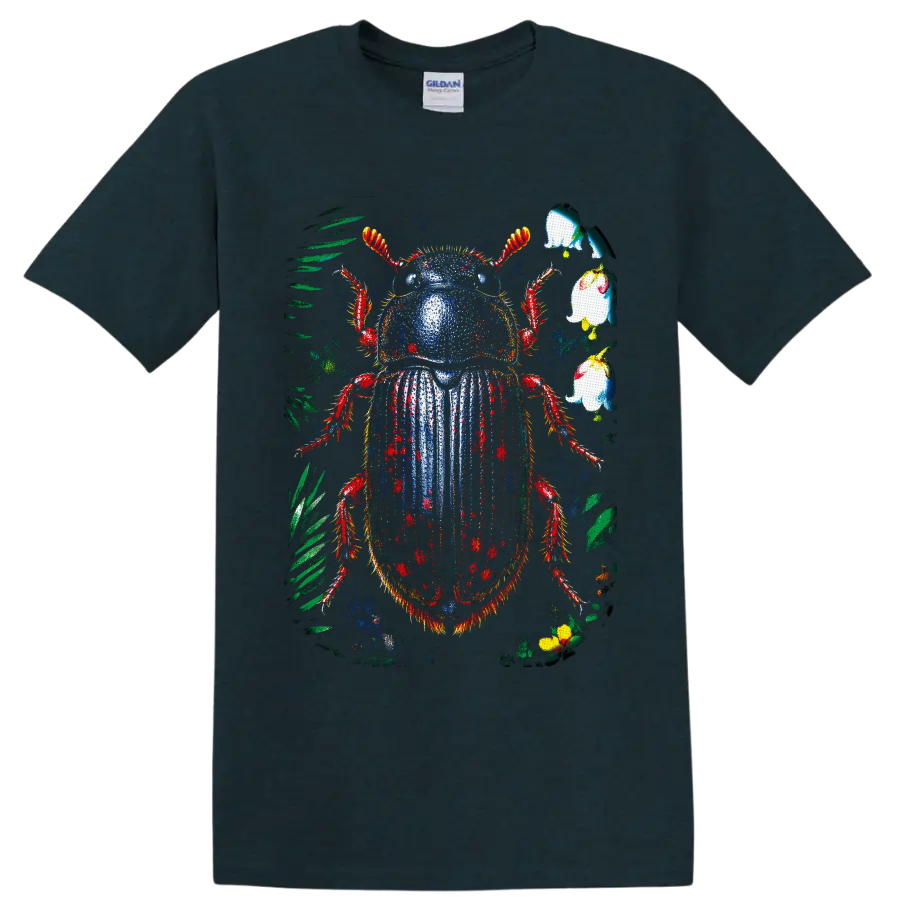 Distressed colorful beetle with tropical leaves and pale blossoms on a Midnight (Green) T Shirt
