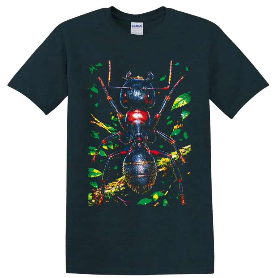 Colorful macro ant portrait with blue and red body, leafy forest branches and antennae on a Midnight (Green) T Shirt