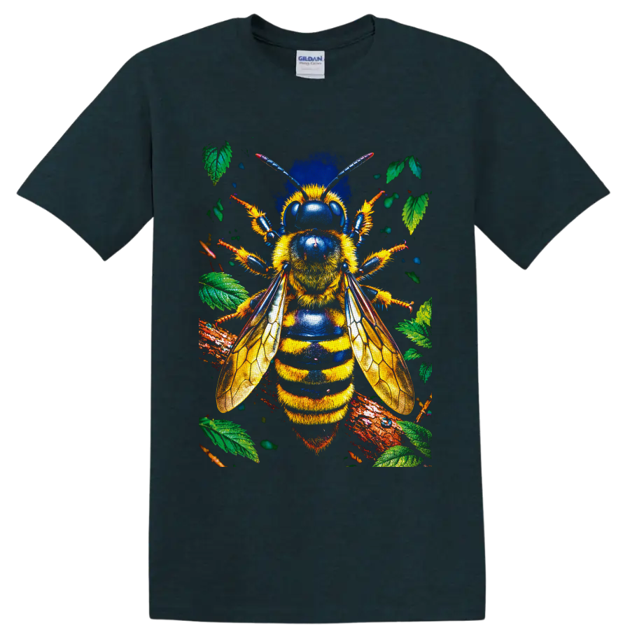 Detailed bumblebee with golden wings, blue accents, leaves, and branches on a Midnight (Green) T Shirt