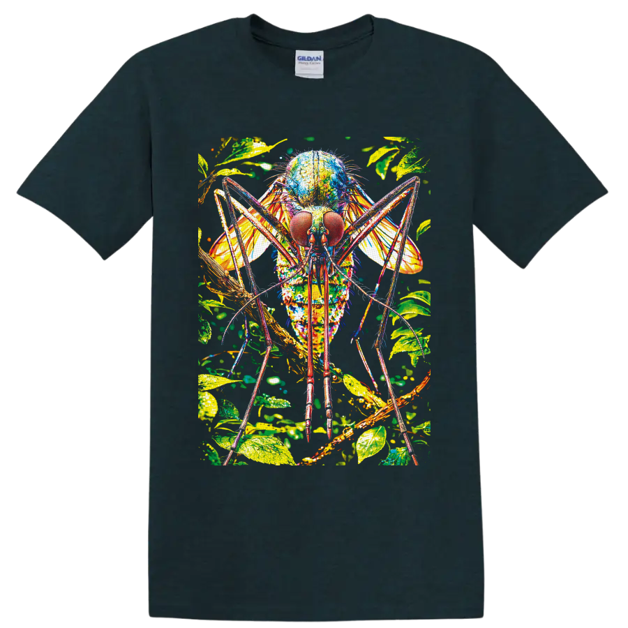 Colorful close-up mosquito illustration with tropical leaves, wings, and branches on a Midnight (Green) T Shirt