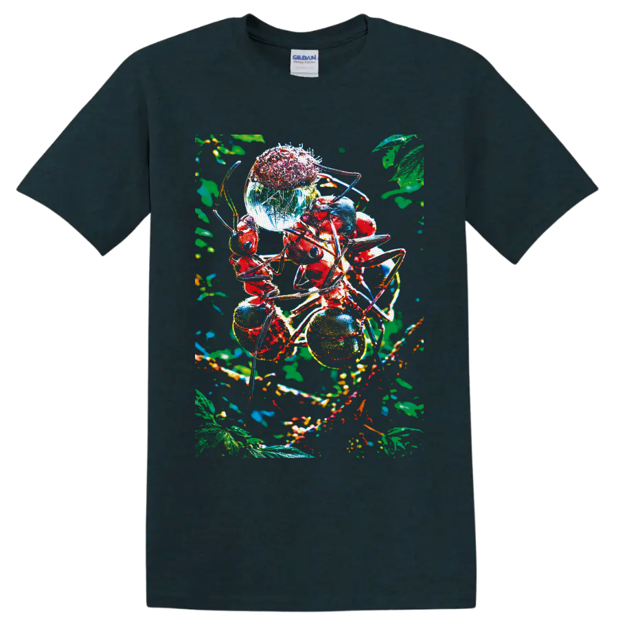 Colorful red ants among berries and leaves in surreal macro forest art on a Midnight (Green) T Shirt