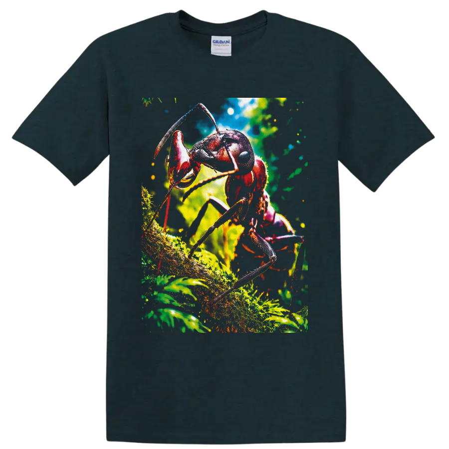 Colorful macro ant climbing on a mossy branch in a sunlit forest on a Midnight (Green) T Shirt