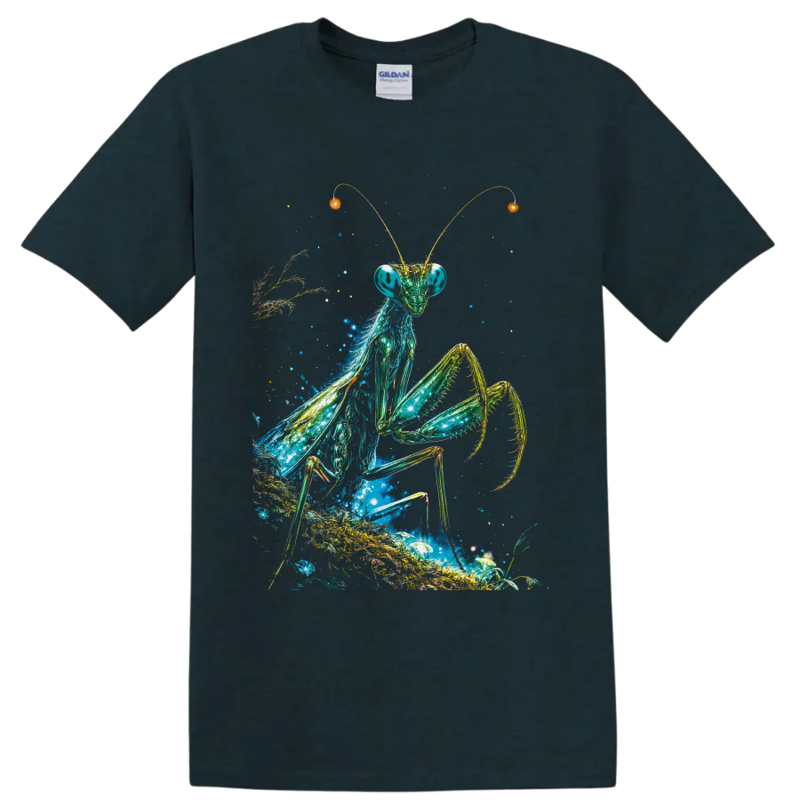 Cosmic praying mantis illustration with stars, glowing plants, mushrooms, and golden on a Midnight (Green) T Shirt