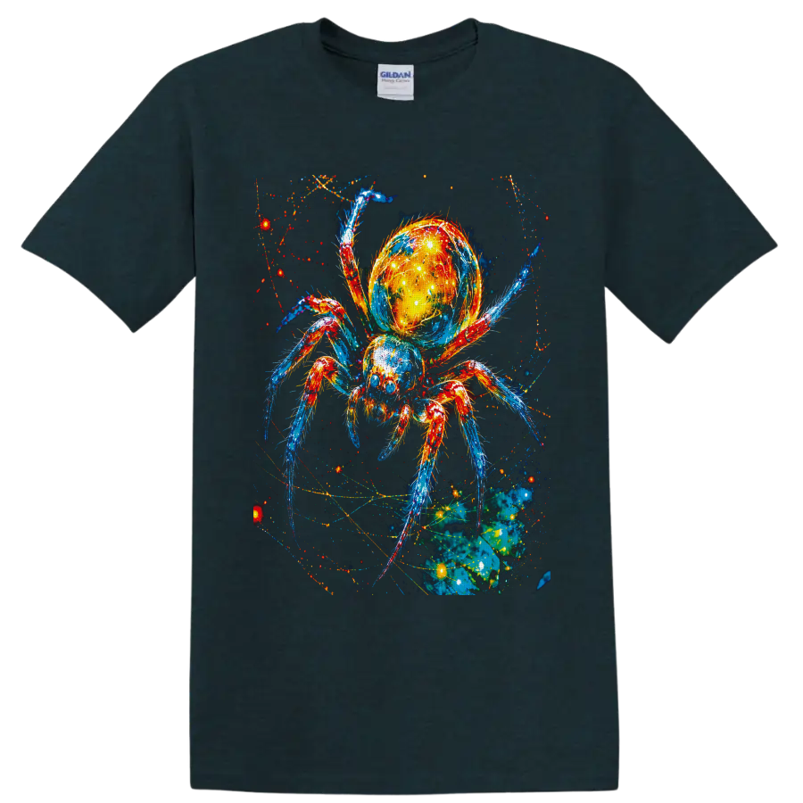 Neon cosmic spider with glowing galaxy abdomen, colorful legs, and web-like sparks on a Midnight (Green) T Shirt