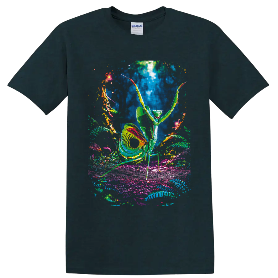 Psychedelic praying mantis amid glowing ferns, mushrooms, and colorful forest plants on a Midnight (Green) T Shirt