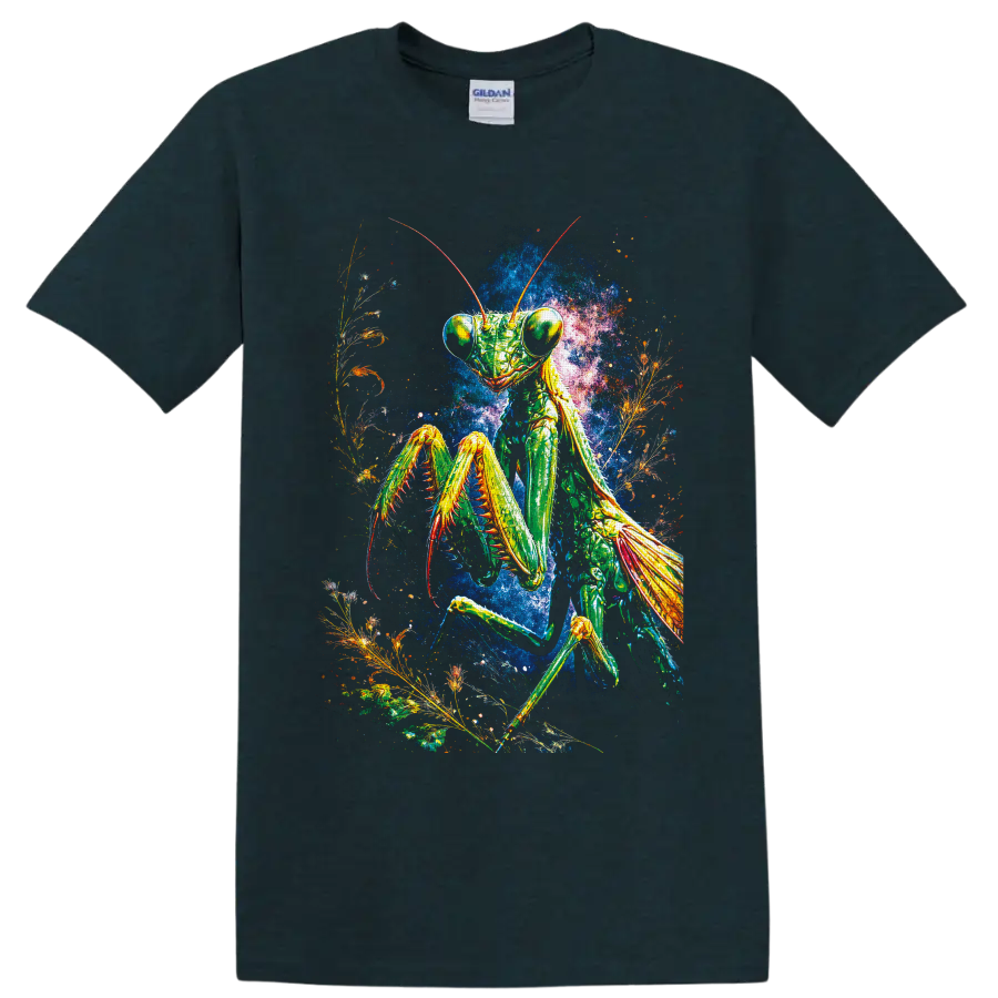 Psychedelic praying mantis with botanical fronds and a vivid cosmic background on a Midnight (Green) T Shirt