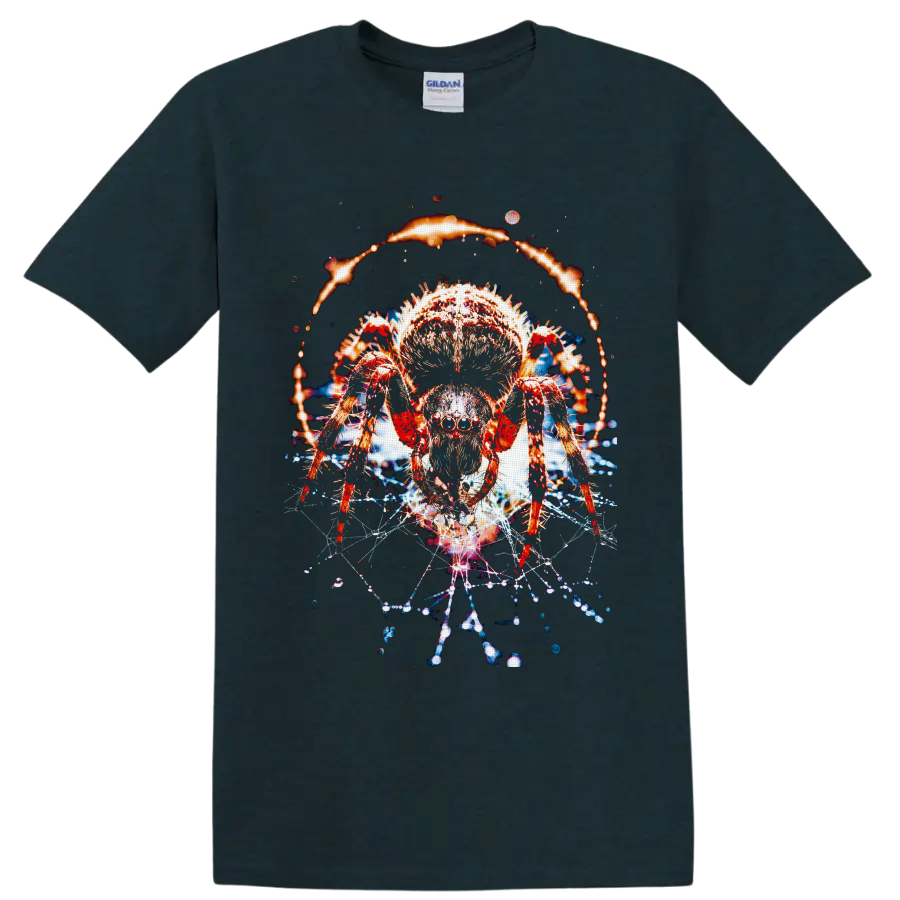 Tarantula with fiery halo, glowing web strands, and cosmic dark fantasy effects on a Midnight (Green) T Shirt