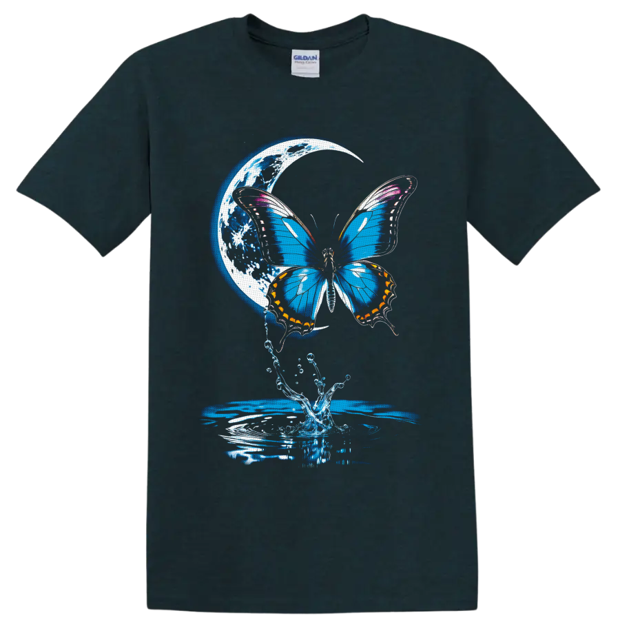 Blue butterfly with crescent moon, water splash, and rippling fantasy nature art on a Midnight (Green) T Shirt