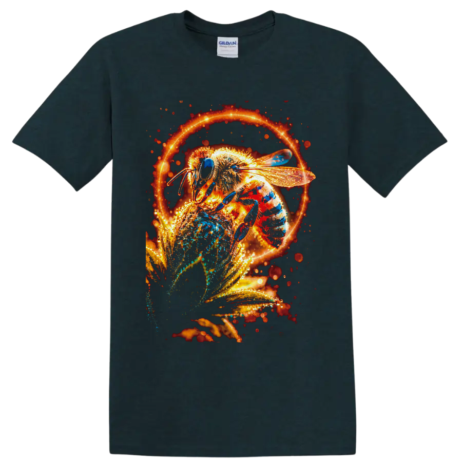 Glowing honey bee on a flower with fiery orange light ring and sparkling botanical art on a Midnight (Green) T Shirt