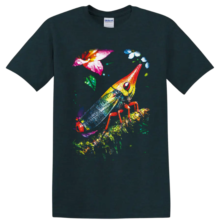Colorful grasshopper with blue wings on a leafy branch among tropical flowers on a Midnight (Green) T Shirt