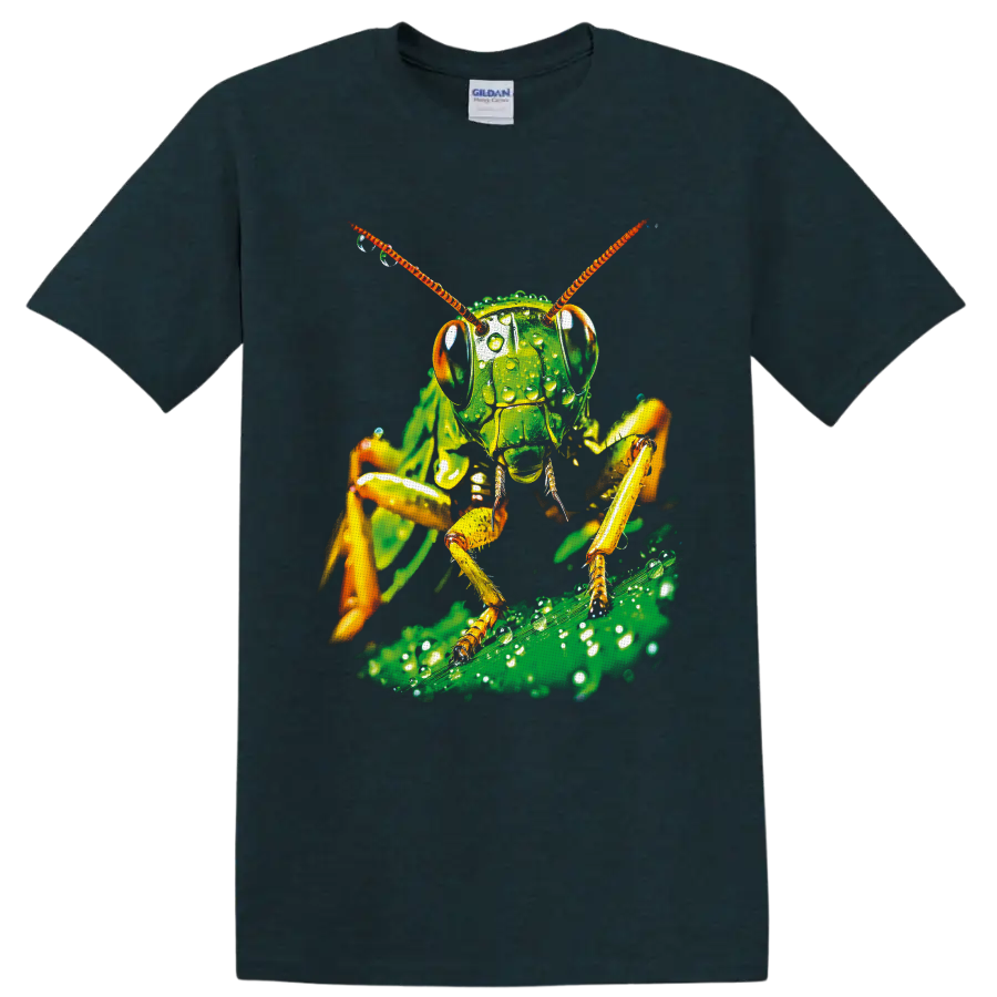 Dew-covered grasshopper macro art with orange antennae on a green leaf on a Midnight (Green) T Shirt