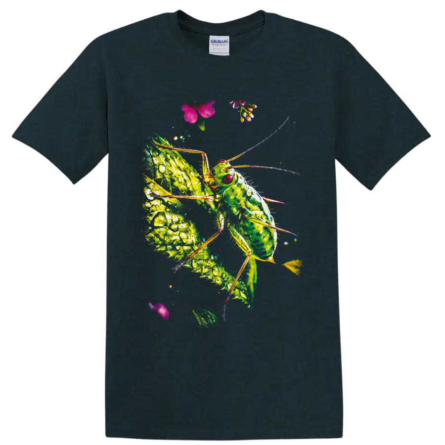 Detailed green katydid on a dew-covered leaf with small pink and purple flowers on a Midnight (Green) T Shirt