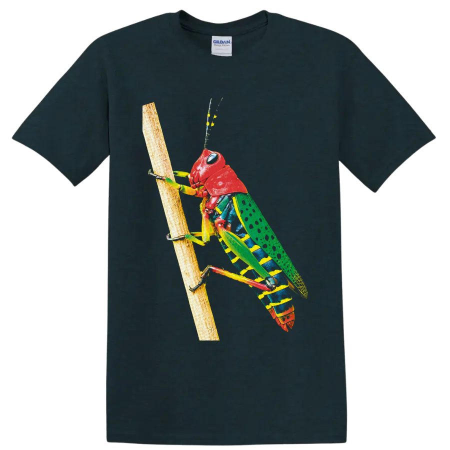 Colorful grasshopper climbing a branch in detailed wildlife illustration on a Midnight (Green) T Shirt