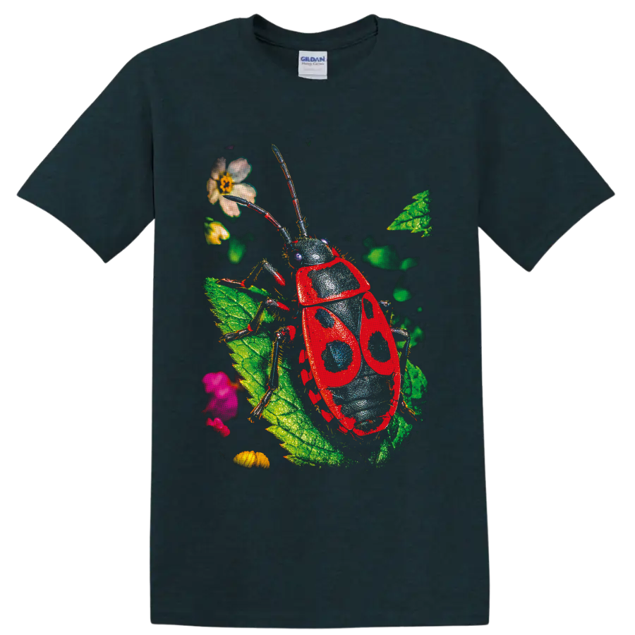 Red spotted beetle illustration with leaves, flowers, and long antennae on a Midnight (Green) T Shirt