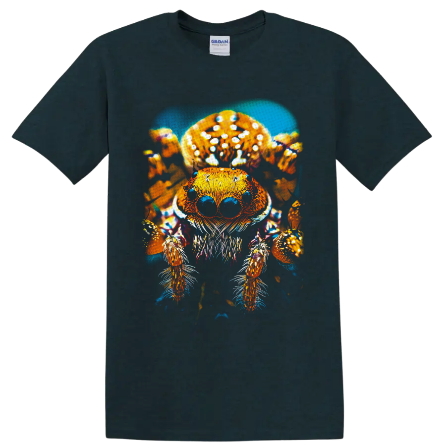 Jumping spider beneath spotted mushrooms in vivid psychedelic forest illustration on a Midnight (Green) T Shirt