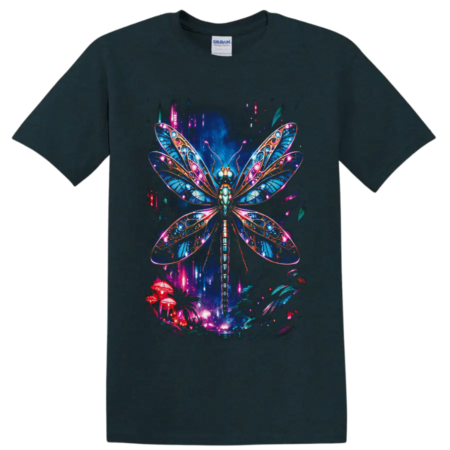Neon fantasy dragonfly with jeweled blue wings over glowing mushrooms and woodland on a Midnight (Green) T Shirt