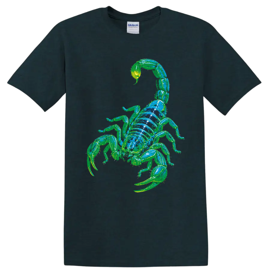 Neon green and blue scorpion arachnid graphic with curled tail and pincers on a Midnight (Green) T Shirt