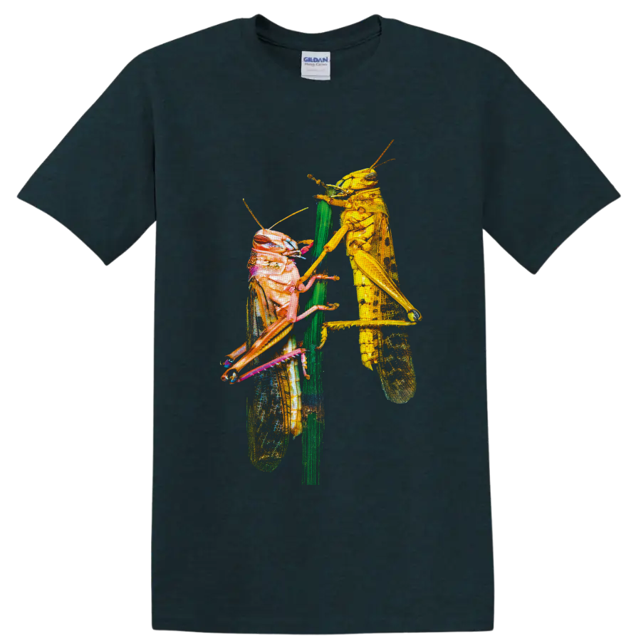Colorful macro artwork of two grasshoppers facing each other on a green plant stem on a Midnight (Green) T Shirt