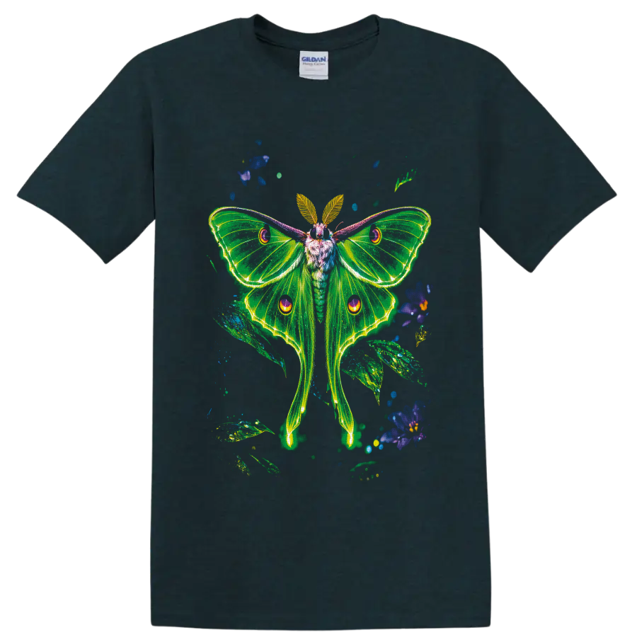 Neon green luna moth with glowing wings, blue flowers, and leafy botanical accents on a Midnight (Green) T Shirt