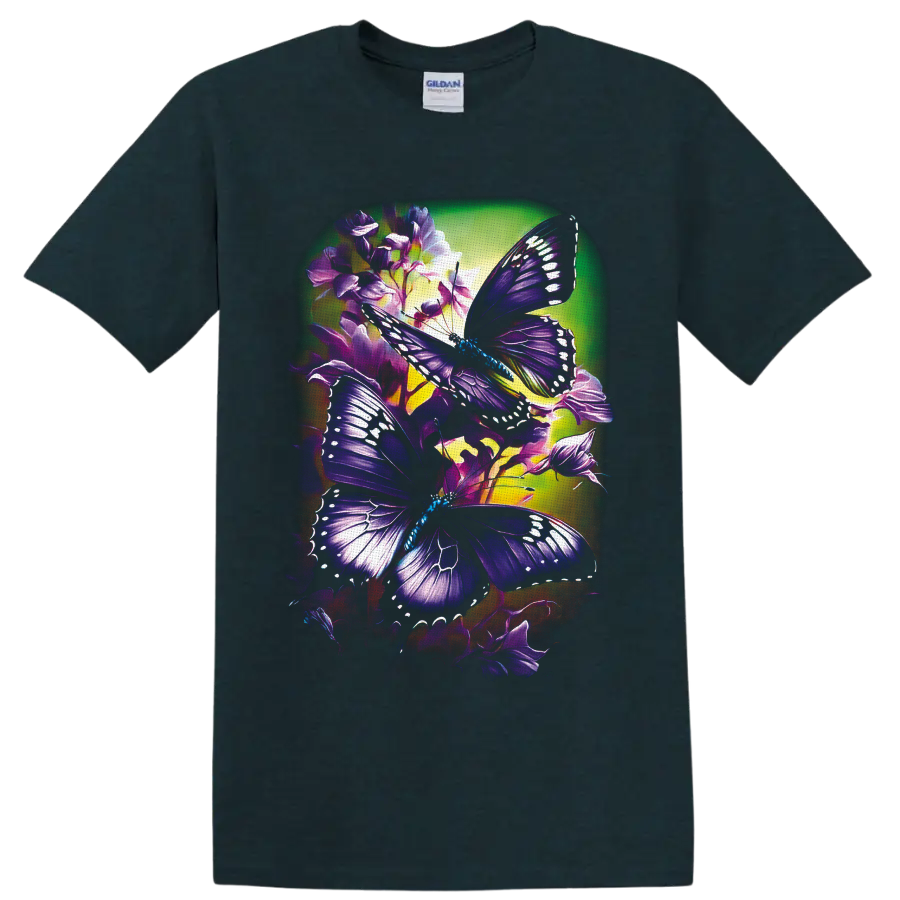 Purple butterflies with white wing markings among violet flowers in luminous garden art on a Midnight (Green) T Shirt