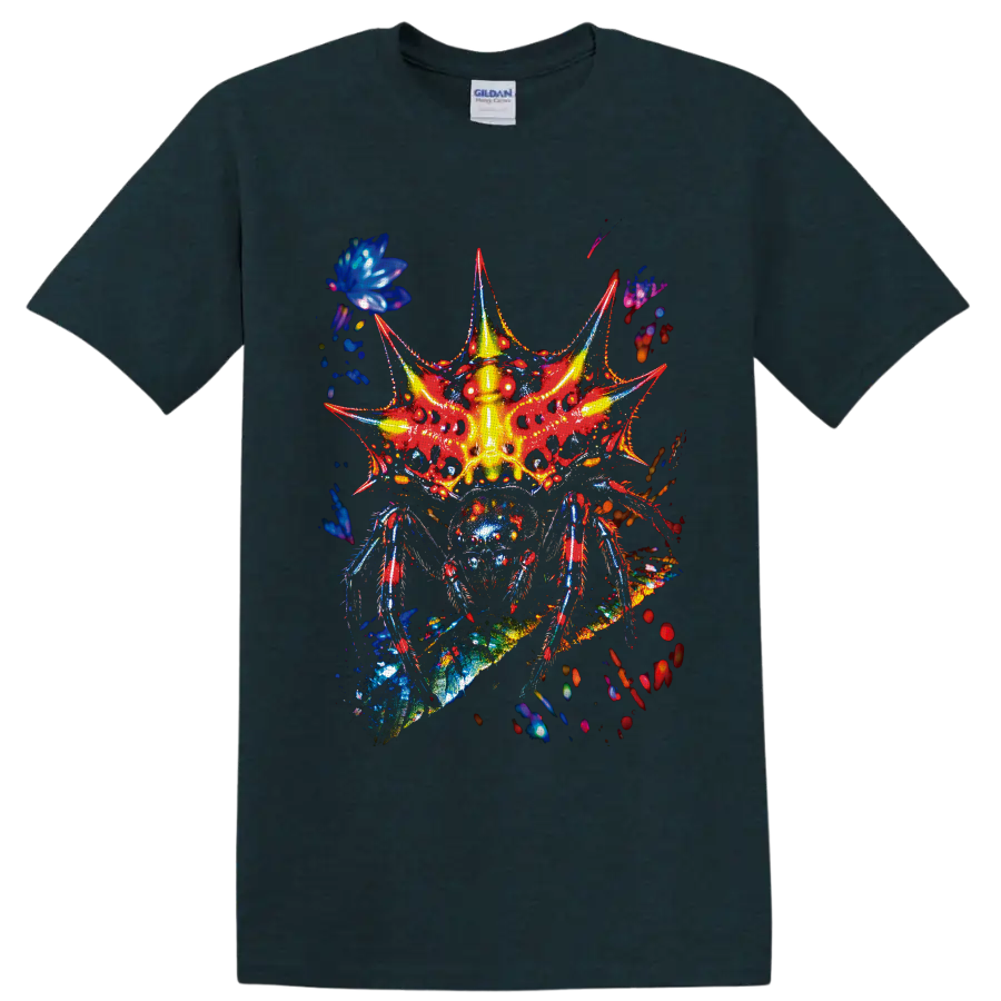Psychedelic neon fantasy insect with red wings, blue legs, and glowing yellow body on a Midnight (Green) T Shirt