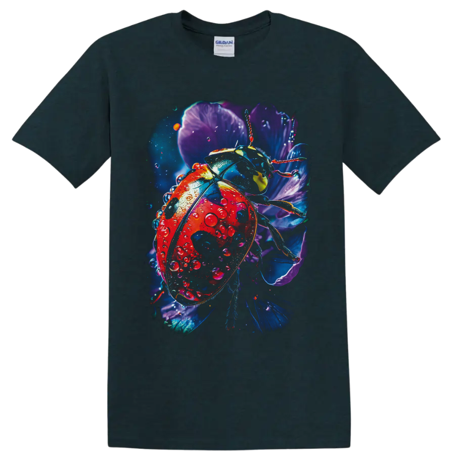 Detailed red ladybug with water droplets among glowing purple and blue flowers on a Midnight (Green) T Shirt