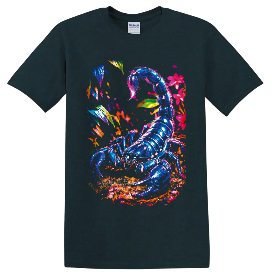 Neon blue scorpion with tropical flowers and leaves in vivid surreal botanical art on a Midnight (Green) T Shirt