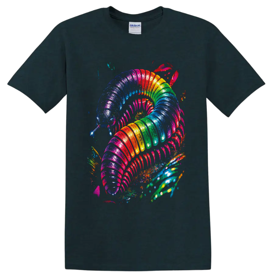 Psychedelic rainbow millipede with glossy segments, many legs, and paint splatters on a Midnight (Green) T Shirt