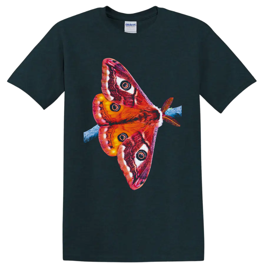 Colorful Cecropia moth illustration with red orange wings, eyespots, and blue branch on a Midnight (Green) T Shirt