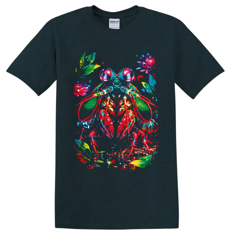 Colorful watercolor crayfish with tropical leaves, flowers, and paint splashes on a Midnight (Green) T Shirt