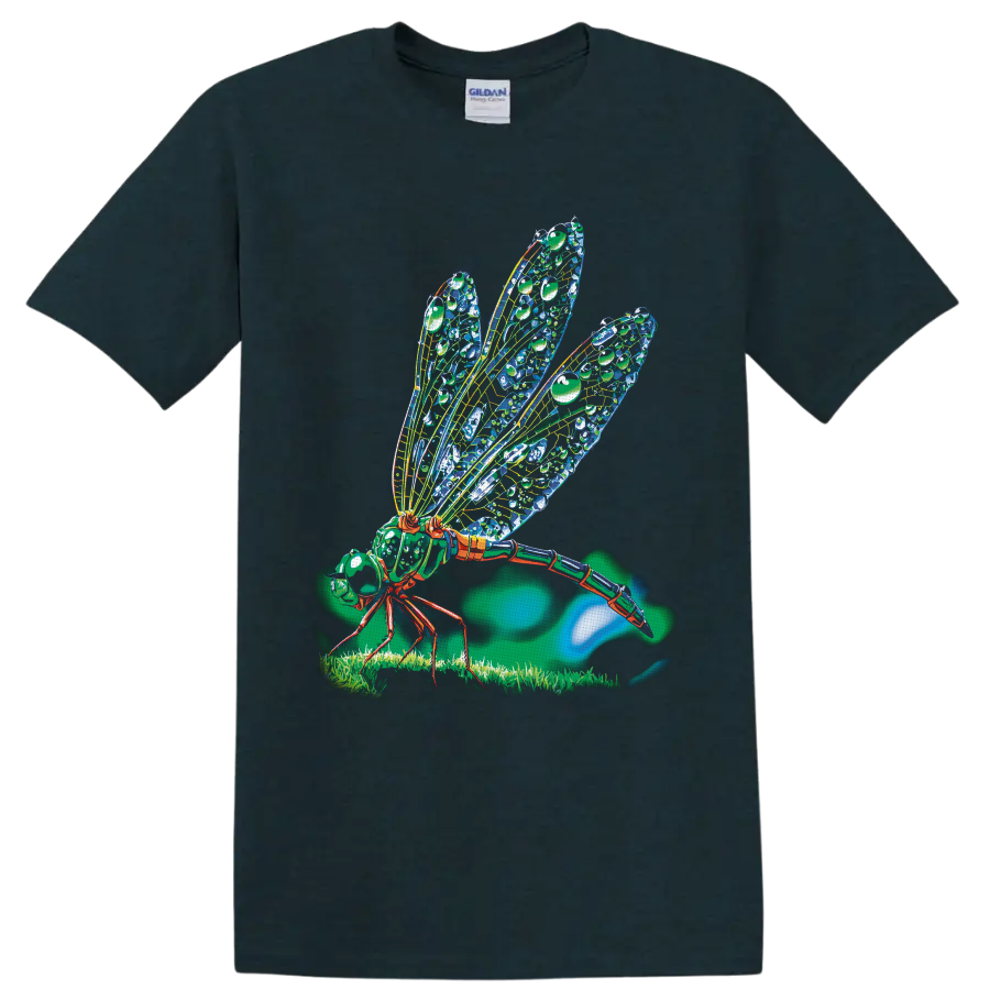 Colorful detailed cicada illustration with patterned wings, grass, and glowing nature on a Midnight (Green) T Shirt