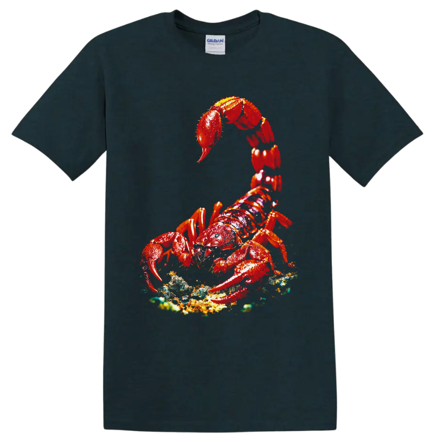 Vivid red lobster with raised claws on a textured ocean-floor graphic on a Midnight (Green) T Shirt