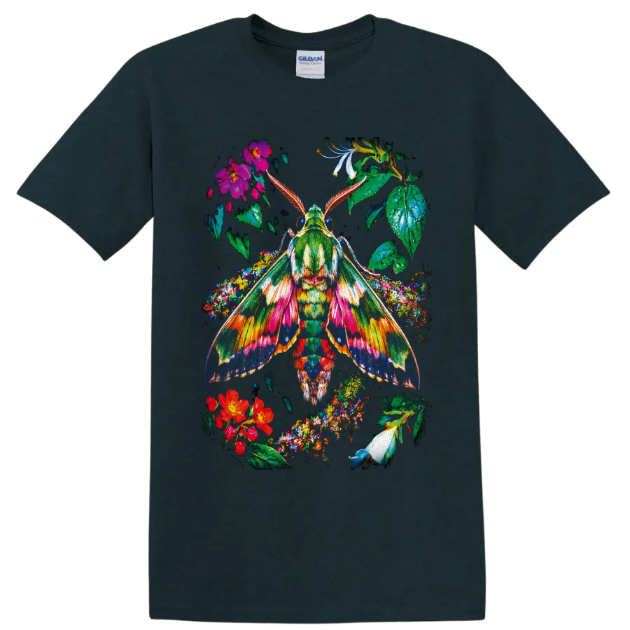 Colorful botanical moth with patterned wings, tropical flowers, and lush leaves on a Midnight (Green) T Shirt