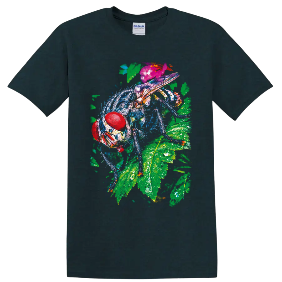 Colorful macro fly with red compound eyes and translucent wings on green leaves on a Midnight (Green) T Shirt