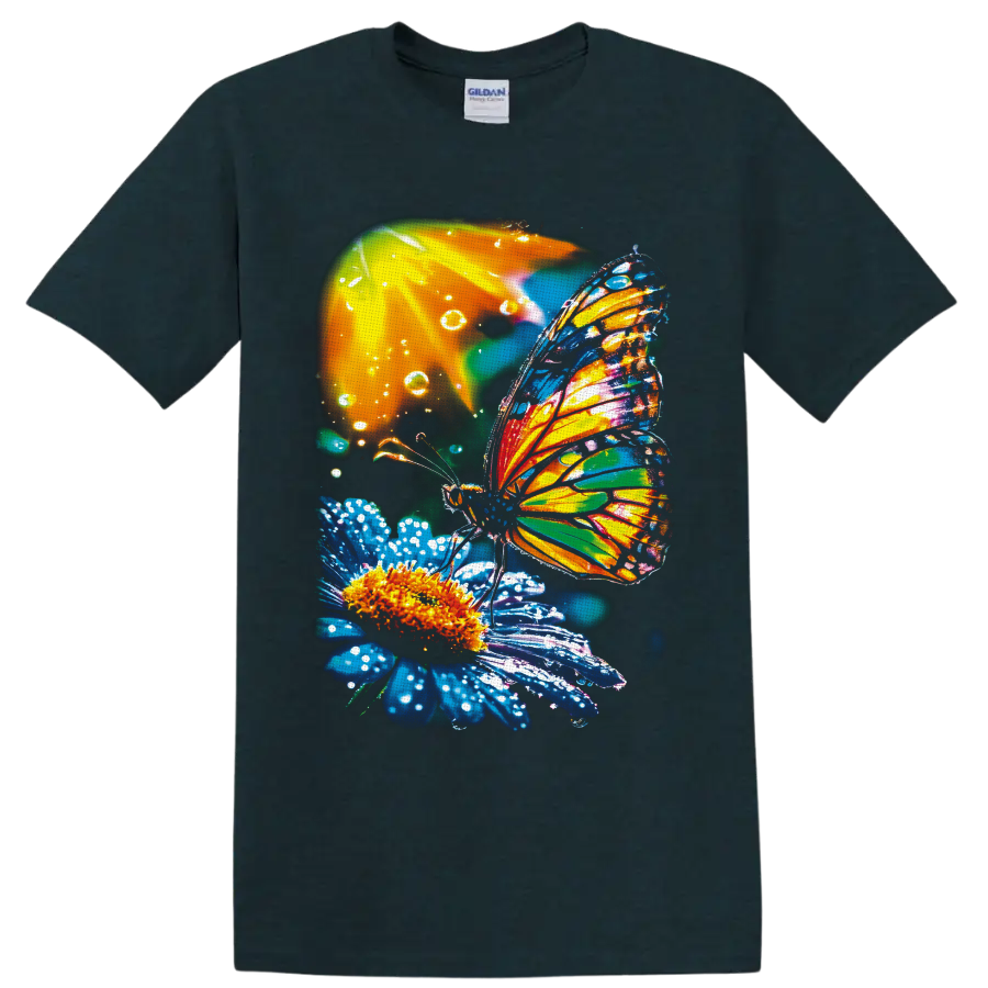 Colorful butterfly with jewel-toned wings resting on a blue flower with water droplets on a Midnight (Green) T Shirt