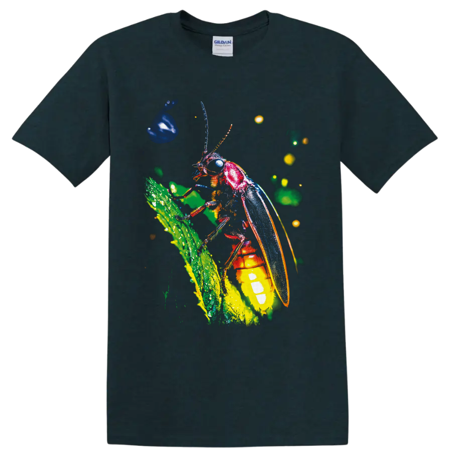Neon-style firefly with blue wings and glowing abdomen on a green stem on a Midnight (Green) T Shirt
