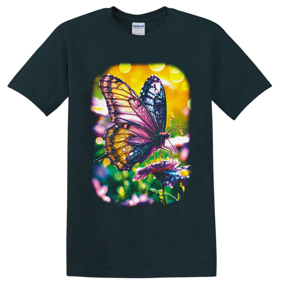Colorful butterfly on a pink flower with jewel-tone wings and glowing garden bokeh on a Midnight (Green) T Shirt