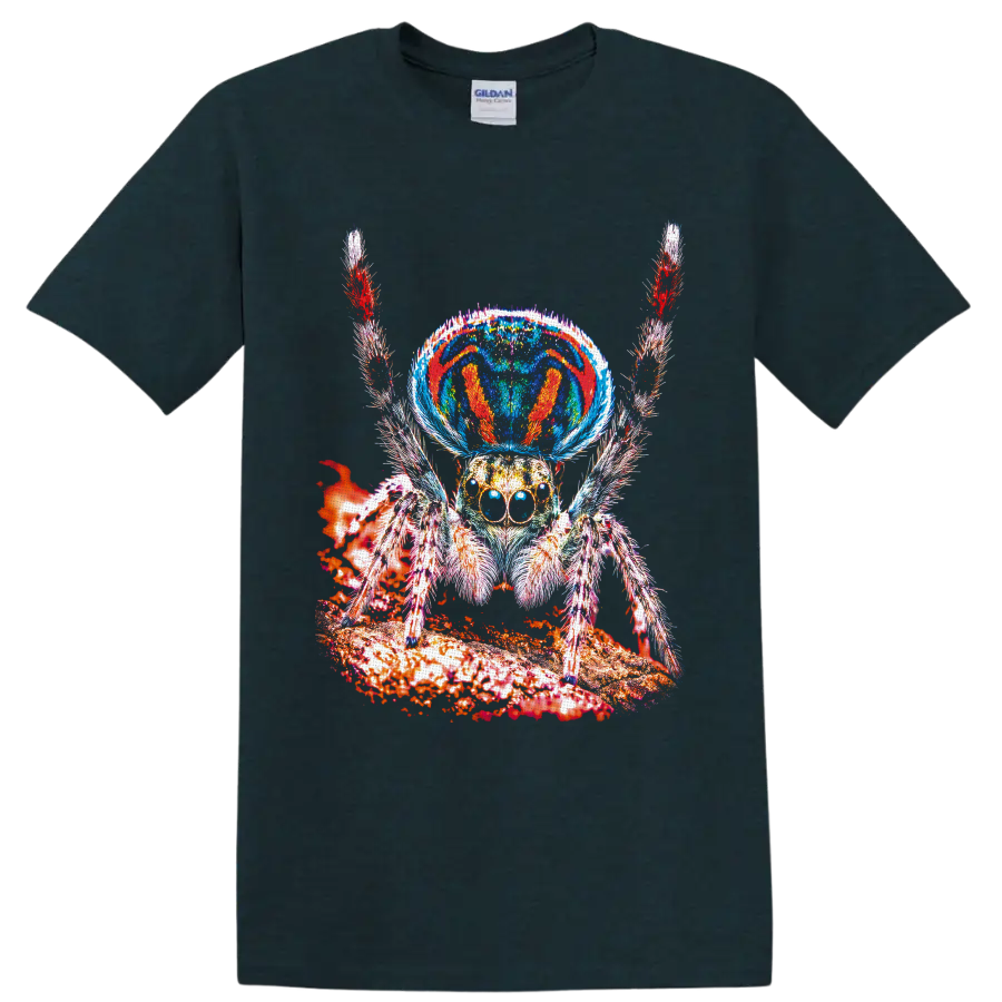 Psychedelic jumping spider with mushroom-inspired cap and vivid textured woodland art on a Midnight (Green) T Shirt