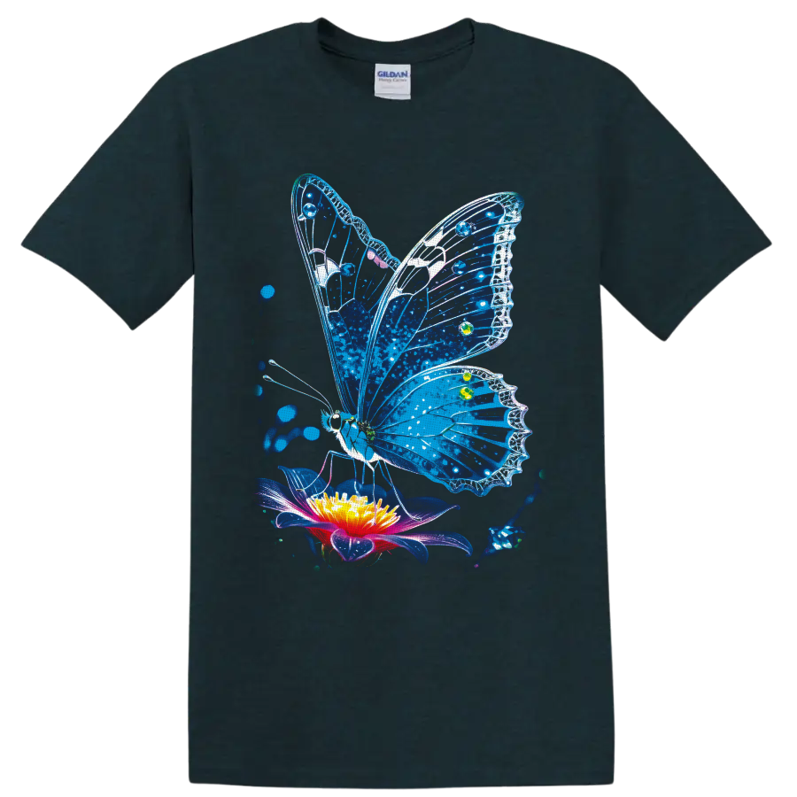 Blue stained-glass-style butterfly above a glowing flower with blue splatter accents on a Midnight (Green) T Shirt